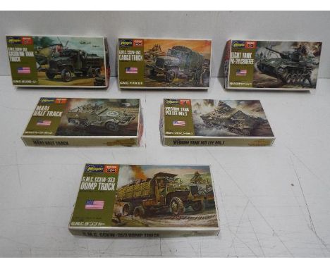 Six Hasagawa WWII U.S. Army Mini Box series model kits. 1:72 Scale. MB-004 "MEDIUM TANK M3 LEE Mk.1", MB-007 "M4A1 HALF TRACK