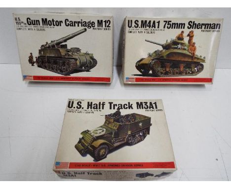 Three Bandai WWII U.S. Armoured Division / Pin Point series model kits. 1:48 Scale. # 8289 No.104 "Gun Motor Carriage M12" wi