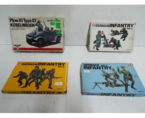Four Bandai WWII German Panzertruppe / Pin Point series model kits. 1:48 Scale. # 8223 Pkw.K1 Type 82 "KUBELWAGEN" Car and th