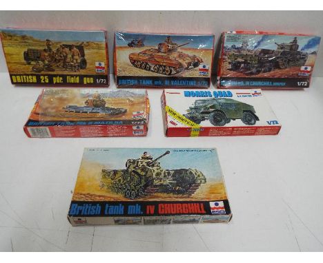 Six x ESCI - WWII Military Model kits - 1:72 Scale. 8043 British Tank Mk IV, 8050 British Tank Mk. III VALENTINE, 8321 MORRIS