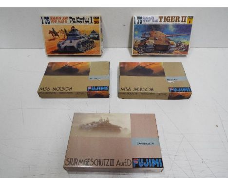 Fujimi - 5 boxed unmade 1:76 scale military model kits including # 1 German Tiger II tank, # 20 German light tank, # 24 Sturm