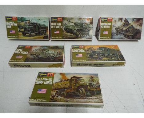 Six Hasagawa WWII U.S. Army Mini Box series model kits. 1:72 Scale. MB-004 "MEDIUM TANK M3 LEE Mk.1", MB-007 "M4A1 HALF TRACK
