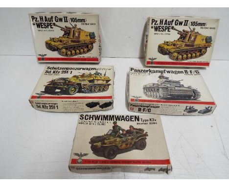 Five Bandai WWII German Panzertruppe / Pin Point series model kits. 1:48 Scale. # 8261 Series 20 Panzerkampfwagen II.F/G Tank