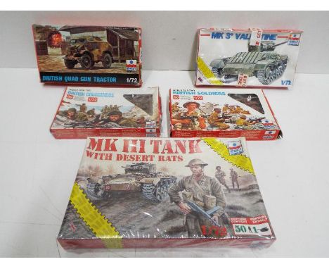 Five x ESCI - WWII Military Model kits - 1:72 Scale. # 8620 MK III TANK With Desert Rats, # 8042 British Quad Gun Tractor, # 