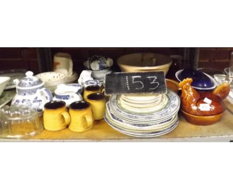 SHELF WITH A MIXTURE OF PLATES, CUPS, SAUCERS JUGS, MIXING BOWLS &amp; TEA POTS        