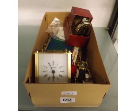 CARTON WITH CARRAIGE CLOCK, VARIOUS WATCHES &amp; OTHER ITEMS
