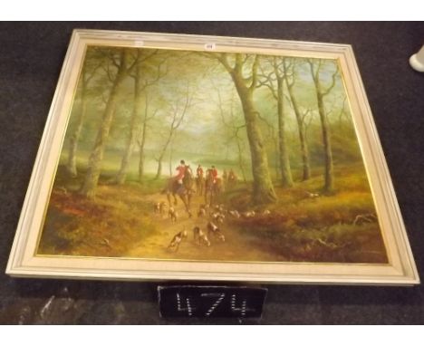 LARGE FRAMED OIL PAINTING OF A HUNTING SCENE