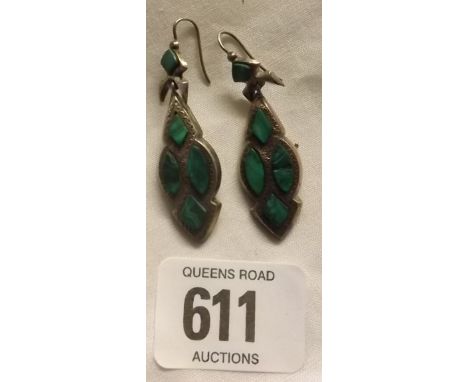 PAIR VICTORIAN SILVER AND MALACHITE EARRINGS