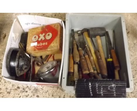 2 CARTONS - 1 OF HAND TOOLS THE OTHER WITH OLD OXO TIN, LUCAS HORN &amp; LIGHT &amp; HAND TOOLS     