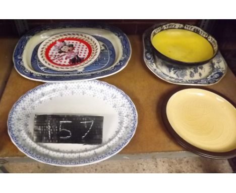 SHELF WITH LARGE MEAT PLATE &amp; DISHES     