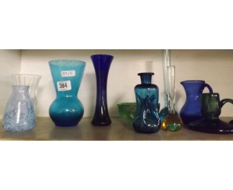 SHELF OF BLUE GLASS VASES ETC      