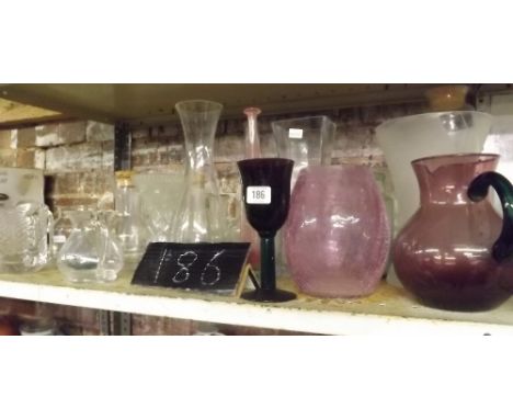 SHELF OF VASES, JUGS &amp; COLOURED GLASSWARE   