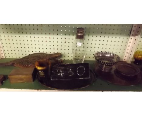 SHELF OF VARIOUS METAL ITEMS, A PAIR OF BELLOWS &amp; GLASS COCKTAIL SHAKER        