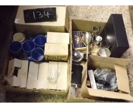 2 CARTON OF VARIOUS BOXED GLASSWARE, POLAROID CAMERA &amp; METAL WARE        