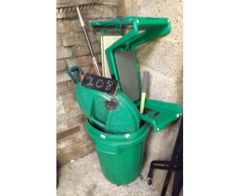 QTY OF GARDEN TOOLS INCL; KNEELERS, STOOLS &amp; GREEN DUSTBIN 