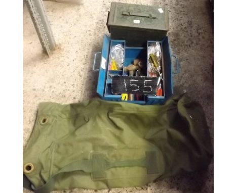 1 KHAKI KIT BAG, BLUE TOOLS BOX WITH CONTENTS &amp; EMPTY AMMUNITION BOX        