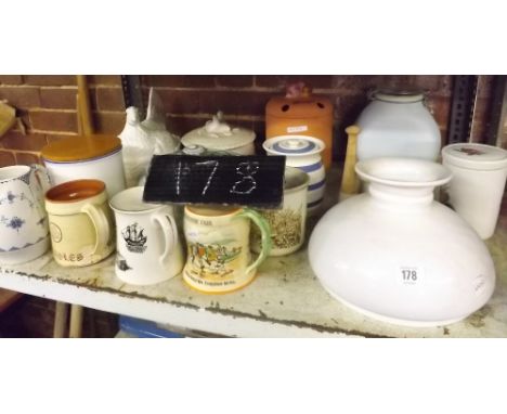 SHELF OF VARIOUS CHINA TANKARDS, STORAGE JARS, EGG CROCK  &amp; OTHER KITCHEN WARE       