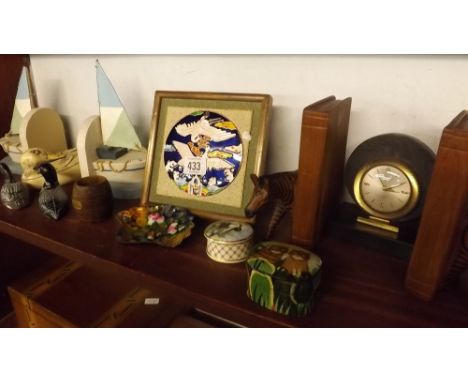 SHELF OF VARIOUS ORNAMENTS &amp; BOOK ENDS    