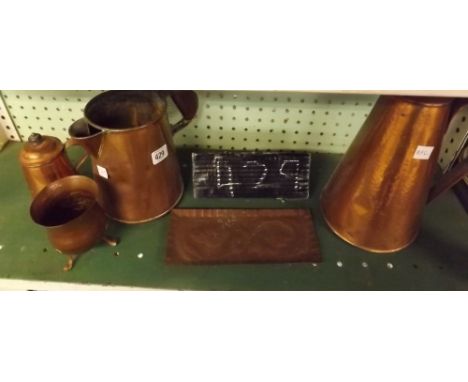 SHELF OF VARIOUS PIECES OF COPPER WARE    