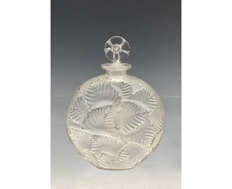 An Art Deco Rene Lalique type Clamart pattern globular moulded glass scent bottle, later rose head stopper above frosted leav