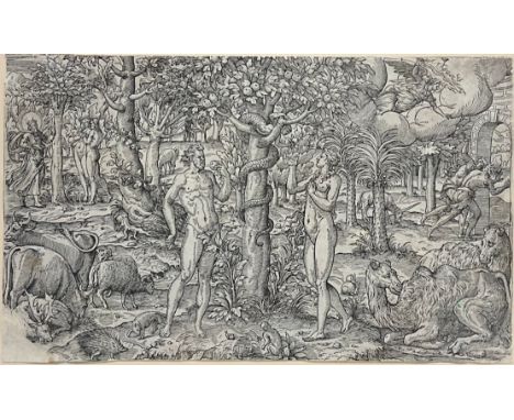 In the manner of Albrecht Durer, a 16th / 17th century print, The Fall, Garden of Eden, 27cm x 44cm.