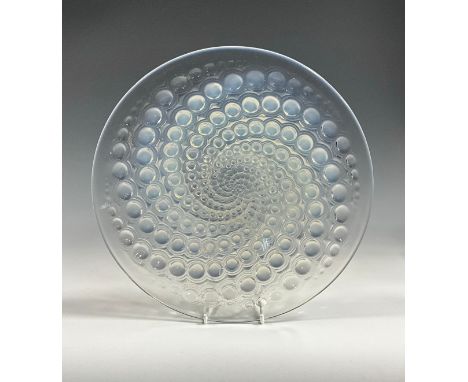 A 19th century opalescent glass dish, Volutes pattern, by René Lalique (1860-1945), 26cm diameter, the central well signed