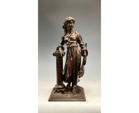 Charles Anfrie (1833-1905), a brown patinated bronze figure, Mignon, holding a lute, leaning on a pedestal, rectangular base,