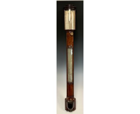 A mahogany bow front stick barometer, James Peter's Cambridge, concealed tube with silvered plate and Vernier scale, ivory ad