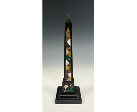 A 19th century Derbyshire Ashford marble obelisk, inlaid fossil stone, malachite and other specimen stones, stepped base, 26c