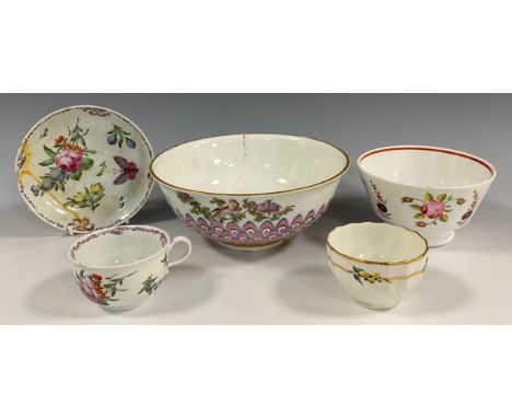 A Chelsea-Derby porcelain bowl, painted with 'peacock scales' in turquoise, pink, puce and gilt beneath exotic birds and Frui