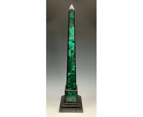 A large granite and pietra dura obelisk, in the Grand Tour manner, the facade inlaid with malachite, stepped square base, 76c