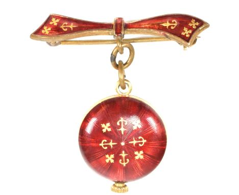 A Mappin &amp; Webb guilloche enamel watch brooch pin. The Mappin &amp; Webb watch brooch pin having a white dial with Arabic