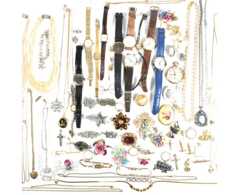 A large collection of costume jewellery and watches. The jewellery to include 19th century micro mosaic and paste set brooche