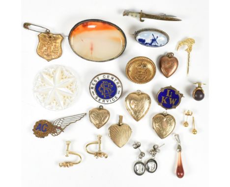 A collection of 9ct gold rolled gold lockets and costume jewellery. The lot to include four 9ct gold front and back heart sha