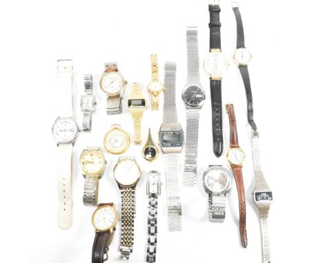 A large collection of wristwatches and pocket watches. The lot to include sixteen wristwatches, a yellow tone metal Chancello