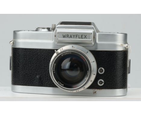 A Wray Wrayflex I Camera, chrome, serial no. 3021, with Wray Unilite f/2 50mm lens, body, F, shutter working, speeds inaccura