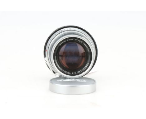 A Leitz Summicron f/2 50mm Lens, chrome, serial no. 1152960, body, G, elements, F, cleaning/coating marks to front element, w