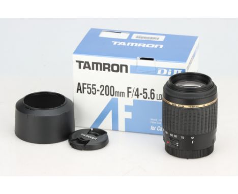 A Tamron AF 55-200mm f/4-5.6 LD Macro Zoom Lens, black, body VG-E, optics VG-E, in maker's box, with caps &amp; hood,
