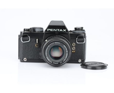 A Pentax LX SLR Camera, black, with Pentax-M f/1.7 50mm lens, body, G-VG, shutter working, lens, VG, complete with makers cas