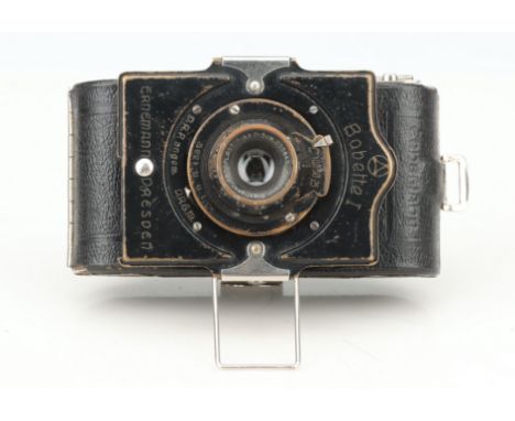 An Ernemann Bobette I Folding Camera, black, body F-G, shutter working, with Ernoplast 50mm f/4.5 lens, optics F-G, some haze