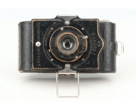 An Ernemann Bobette I Folding Camera, black, body F-G, shutter working, with Ernoplast 50mm f/4.5 lens, optics F-G, some haze