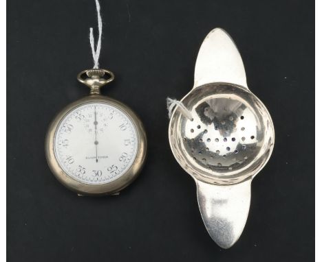 An Elgin Timer Stop Watch, in nickel case, plus a plated tea strain (2)