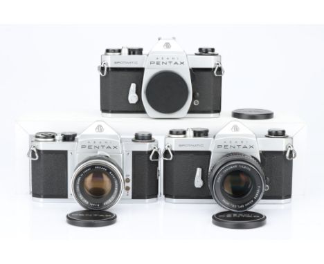Three Asahi Pentax SLR Cameras, including SP, S3 and SP II, two with standard lenses, bodies overall, G, shutters working, le