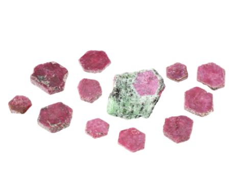 Eleven Hexagonal Ruby Crystals, 11 hexagonal Ruby crystals, Arusha, Tanzania and another in Zoisite matrix, Arusha, Tanzania,