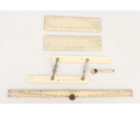 Ivory and Bone Drawing Instruments, [CITES] 19th/early 20th century, a sector; a scale rule/protractor and a parallel rule bo