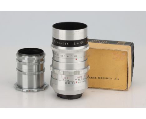 A Hugo Meyer Trioplan f/2.8 100mm Lens, Exakta mount, chrome, body, VG, elements, VG, complete with a set of extension tubes