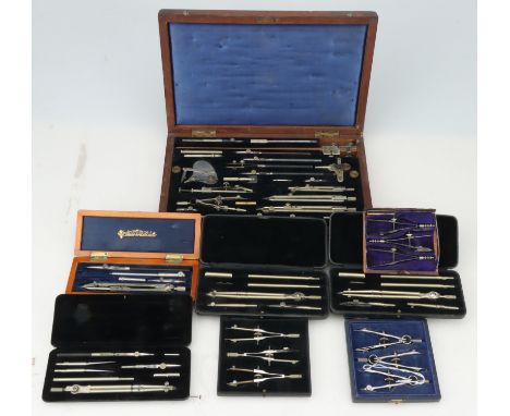 Eight Cased Sets of Drawing Instruments, including a good set by Richter with mechanical dotting pens, beam compass etc.,, ca