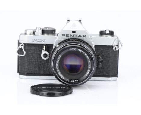 A Pentax MX SLR Camera, chrome, with Pentax-M f/2 50mm lens, body, G, shutter working, lens, G-VG, some light internal haze