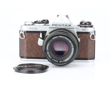 A Pentax ME SE SLR Camera, special edition with brown leather finish, chrome body, with Pentax-M f/2 50mm lens, body, VG, shu