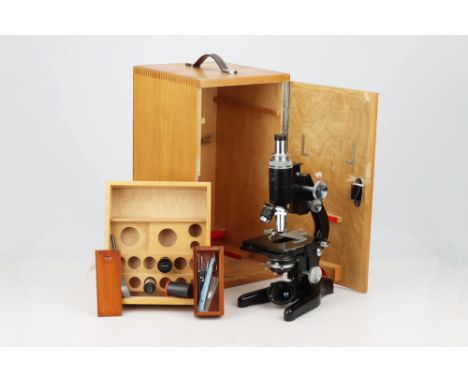 Classic Microscope - The Watson Bactil, English, c.1960, signed 'BACTIL WATSON BARNET' , black paint and nickel plate, with p